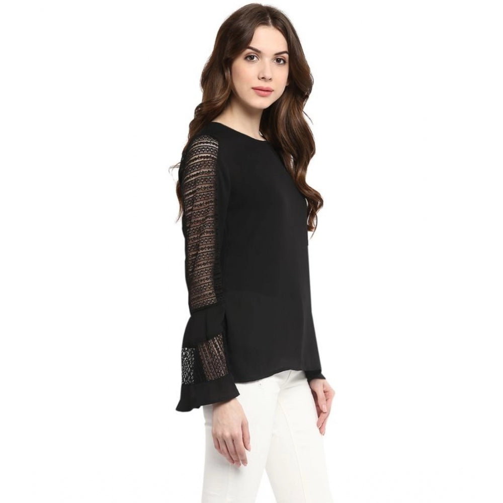 Vaystra Polyester Georgette Self Design Bell Sleeve Regular Top – Black