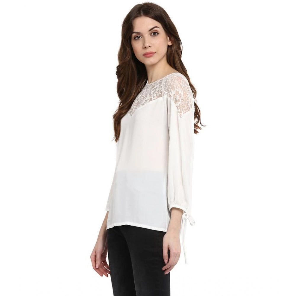 Vaystra Polyester Georgette Self Design 3-4th Sleeves Regular Top – White