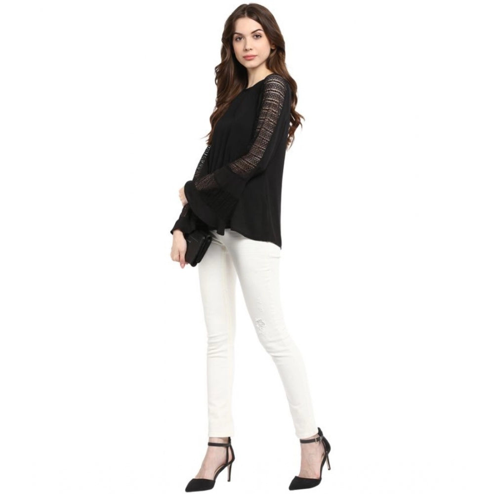 Vaystra Polyester Georgette Self Design Bell Sleeve Regular Top – Black
