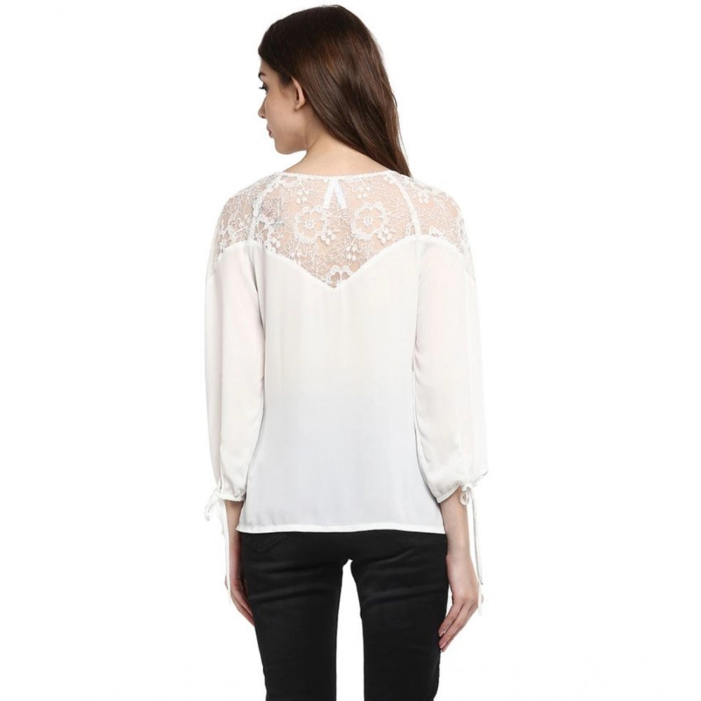 Vaystra Polyester Georgette Self Design 3-4th Sleeves Regular Top – White