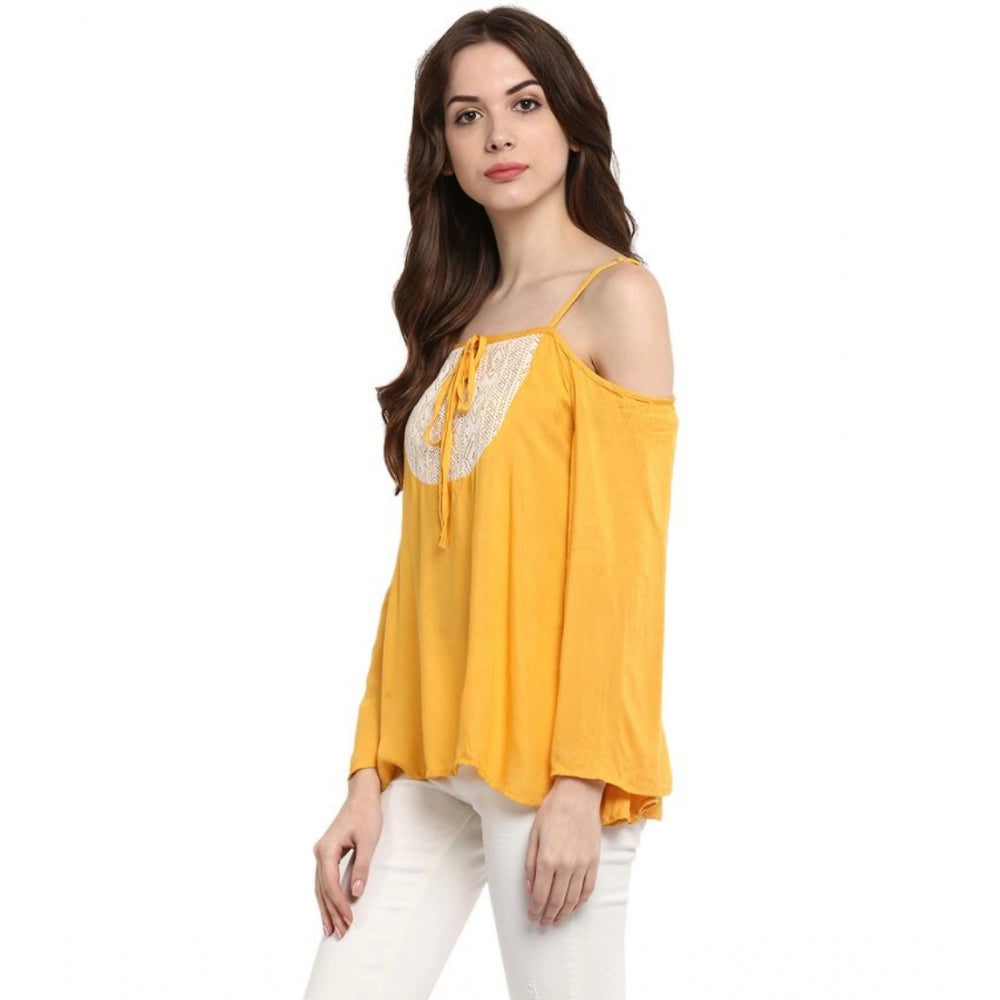 Vaystra Rayon Embellished Cold Shoulder Regular Top – Mustard Yellow