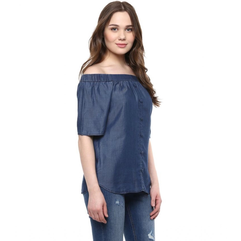 Vaystra Denim Solid Short Sleeve Regular Top – Blue
