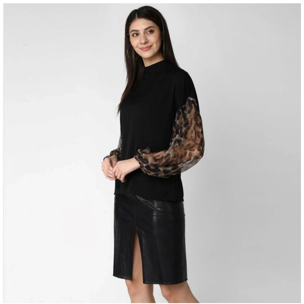 Vaystra Polyester Animal Print Long Sleeves Top – Black
