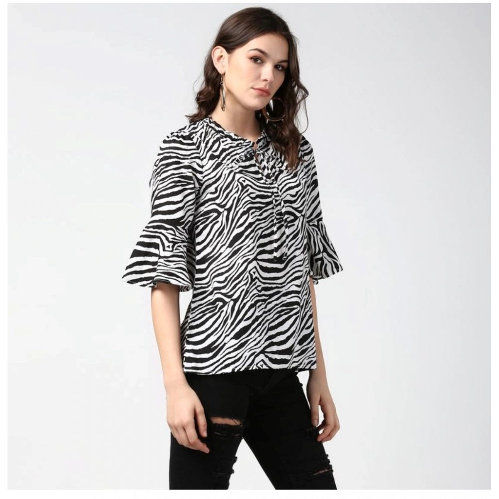 Vaystra Polyester Animal Print Bell Sleeve Top – Black & White