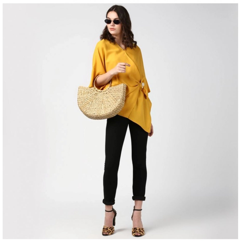 Vaystra Polyester Solid Cape Sleeve Top – Yellow