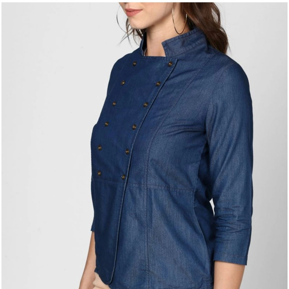 Vaystra Denim Solid 3-4th Sleeves Top – Blue
