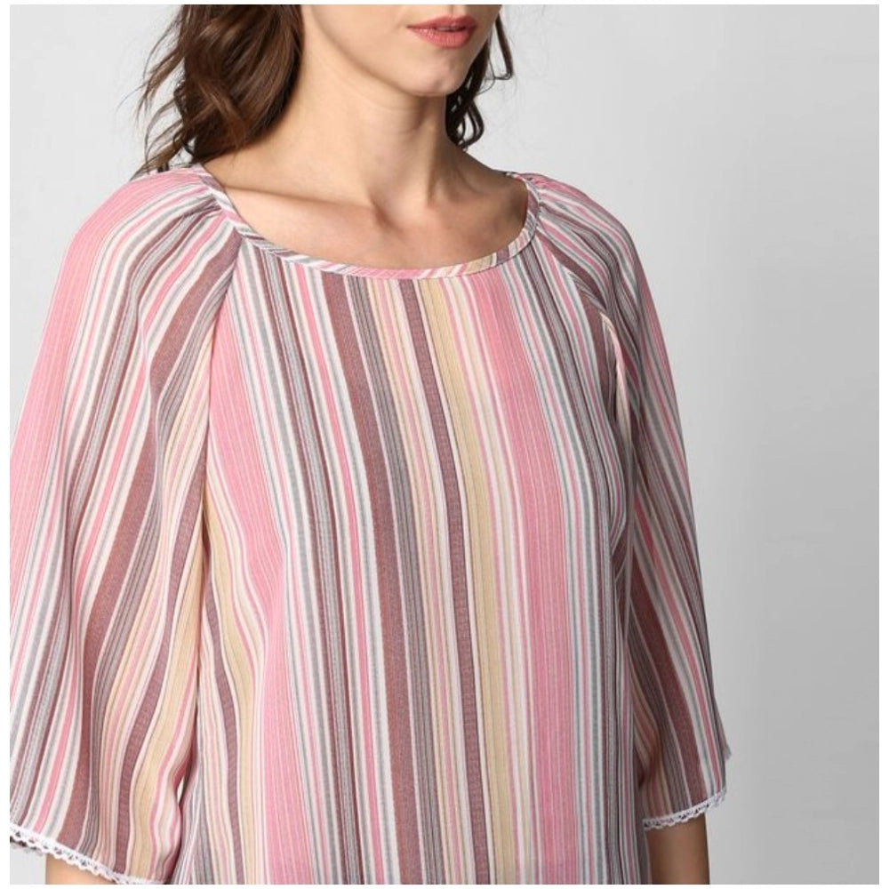 Vaystra Polyester Striped 3-4th Sleeves Top – Pink