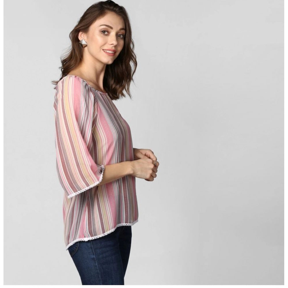 Vaystra Polyester Striped 3-4th Sleeves Top – Pink