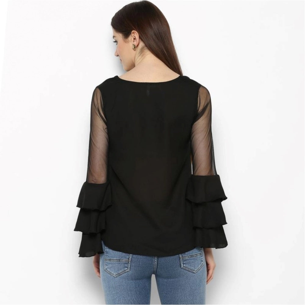 Vaystra Polyester Solid Tier Sleeve Top – Black