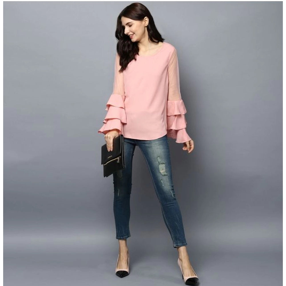 Vaystra Polyester Solid Tier Sleeve Top – Pink