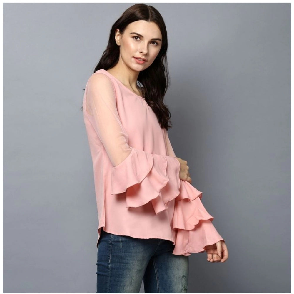 Vaystra Polyester Solid Tier Sleeve Top – Pink