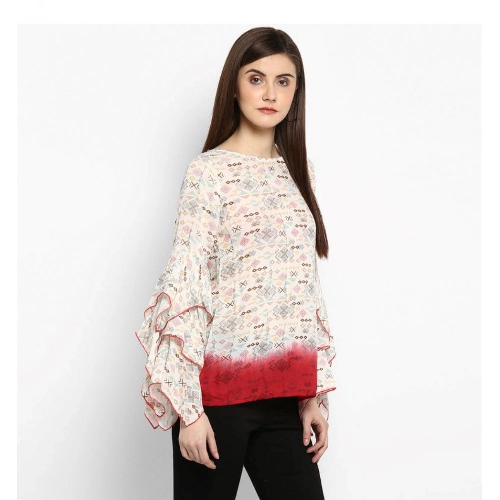 Vaystra Rayon Crepe Printed Ruffle Sleeve Top – Off White & Red
