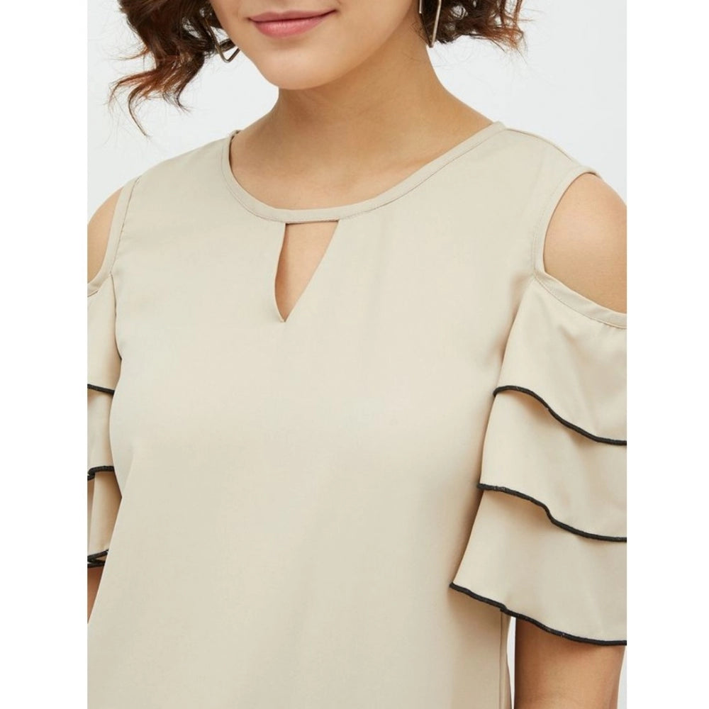 Vaystra Polyester Tiered Cold Shoulder Top – Beige