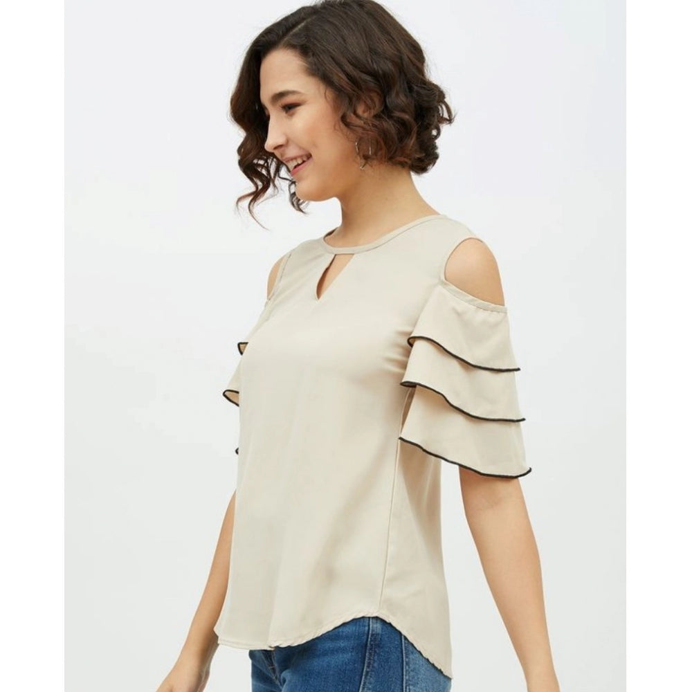 Vaystra Polyester Tiered Cold Shoulder Top – Beige