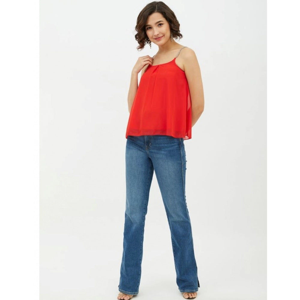 Vaystra Polyester Embellished Shoulder Straps Top – Red