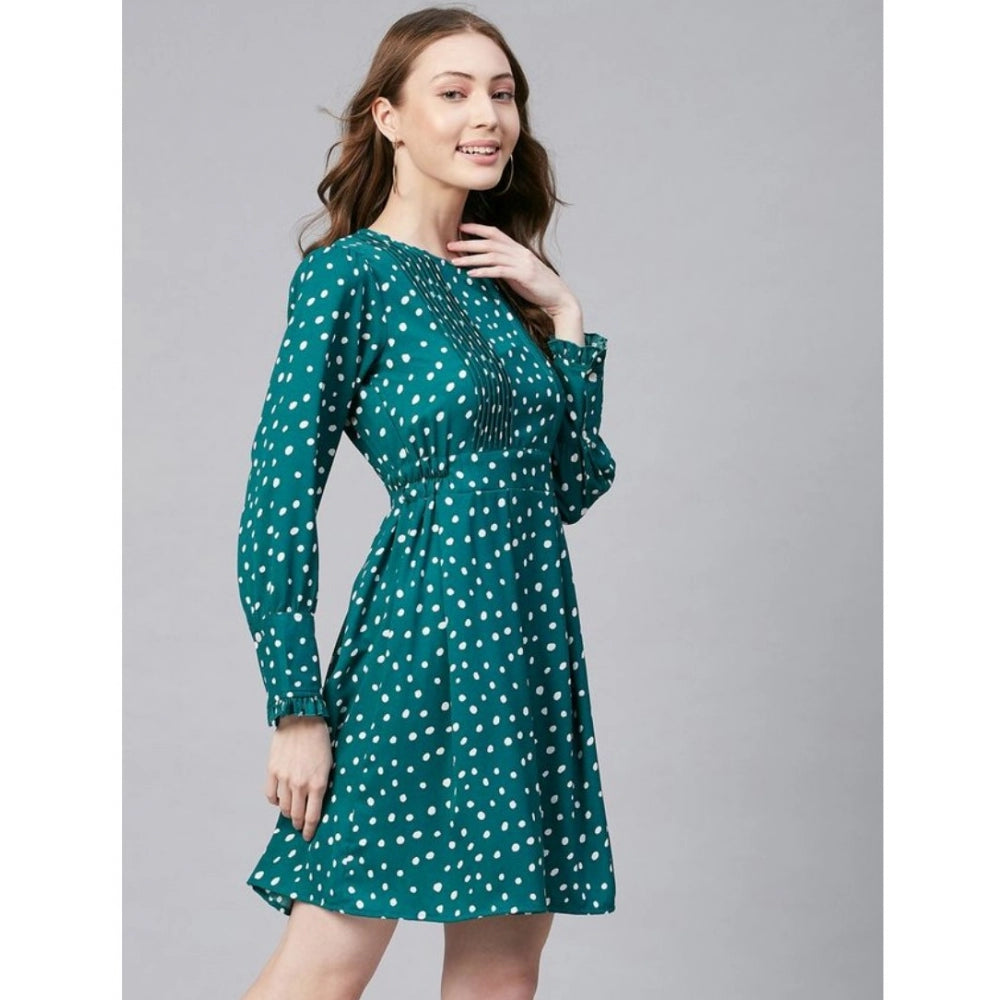 Vaystra Polyester Polka Long Sleeves Above Knee Dress – Green & White