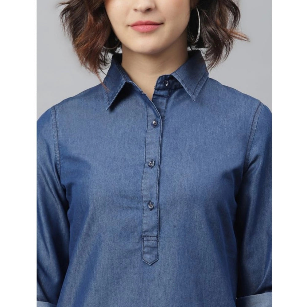 Vaystra Denim Solid Long Sleeves Above Knee Dress – Navy Blue