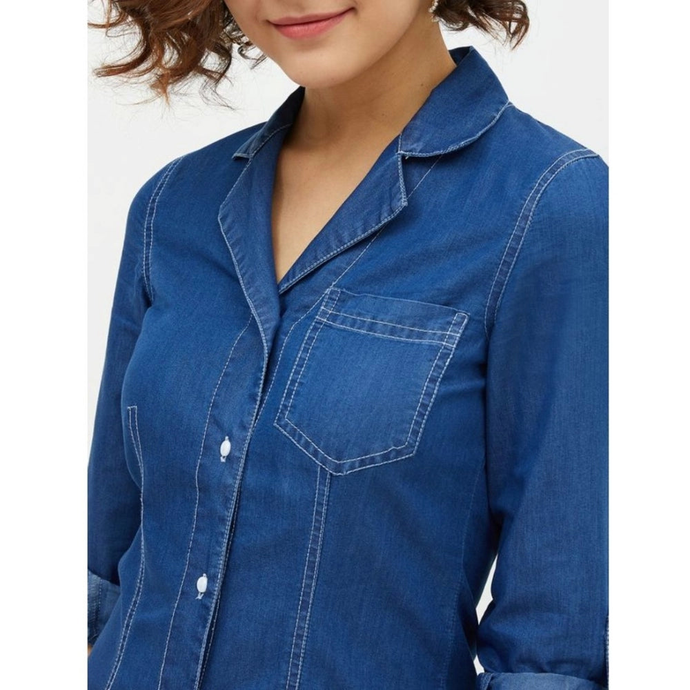 Vaystra Denim Solid Long Sleeves Above Knee Dress – Blue