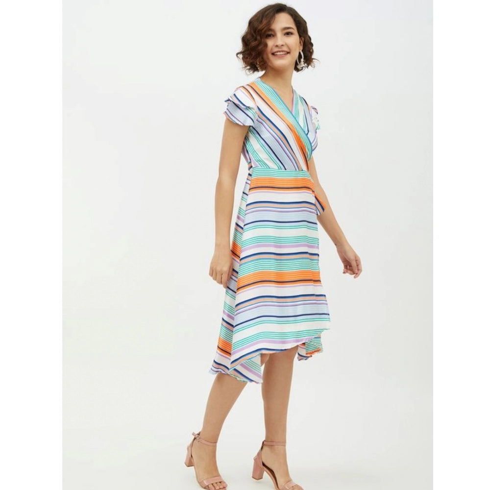 Vaystra Satin Striped Short Sleeve Knee-Length Dress – Multicolor
