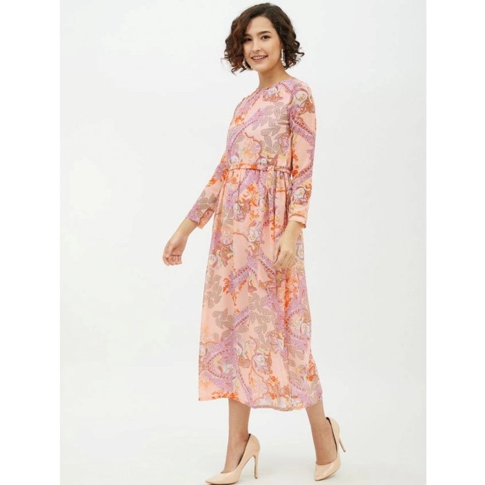 Vaystra Polyester Printed Long Sleeves Calf-length Dress – Multicolor