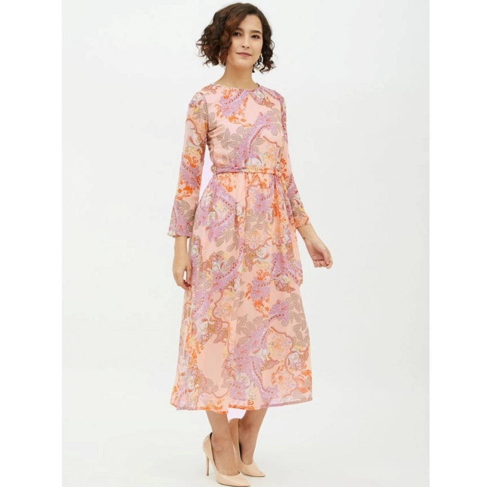 Vaystra Polyester Printed Long Sleeves Calf-length Dress – Multicolor