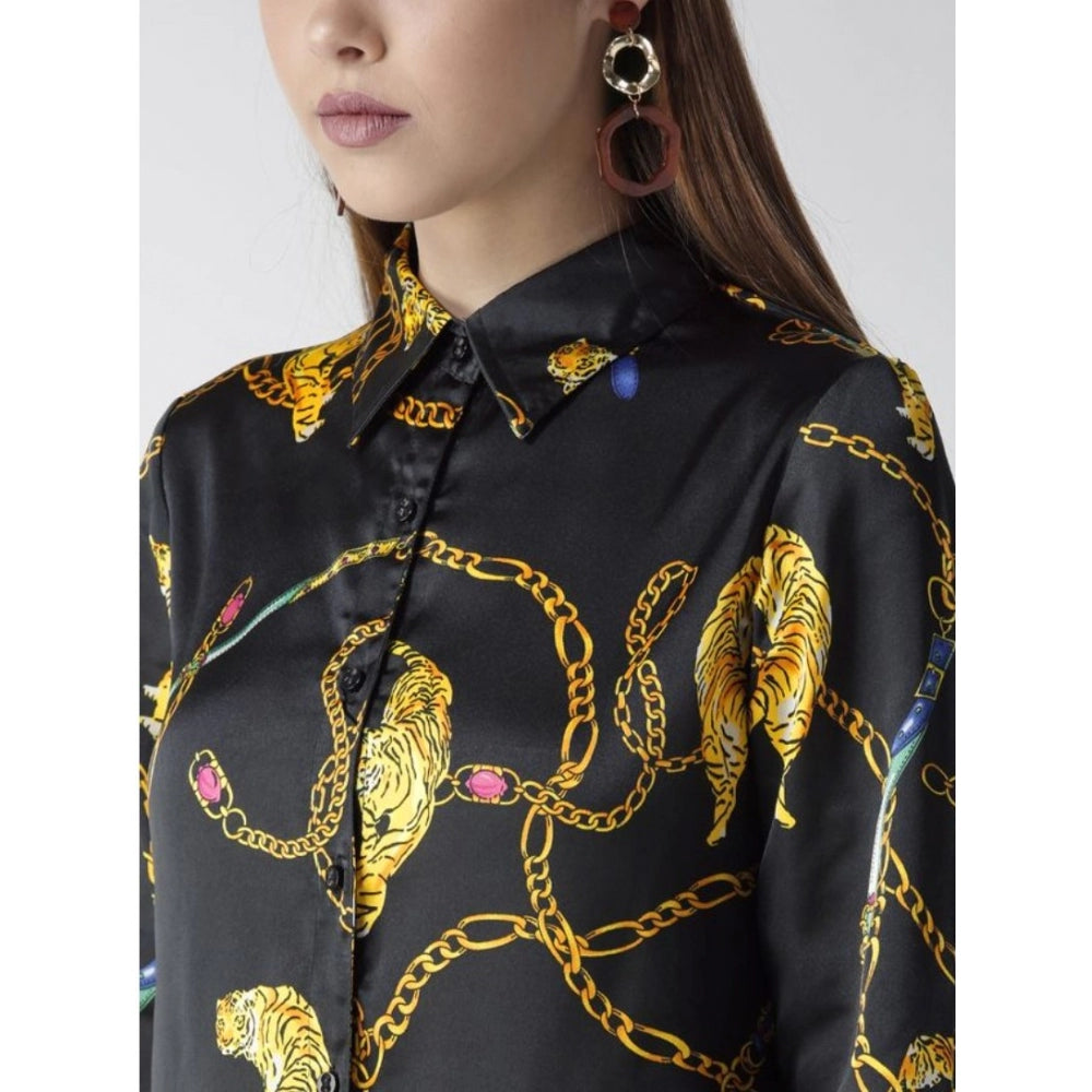 Vaystra Satin Printed Long Sleeves Standard Length Shirt – Black & Gold