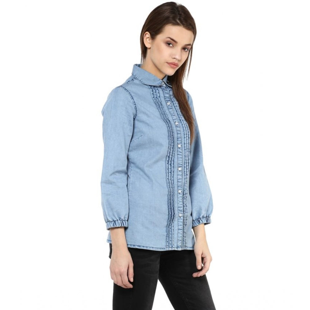 Vaystra Denim Solid 3-4th Sleeves Standard Length Shirt – Blue