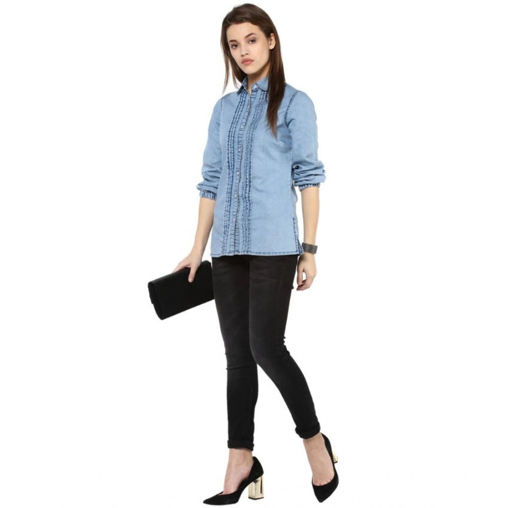 Vaystra Denim Solid 3-4th Sleeves Standard Length Shirt – Blue