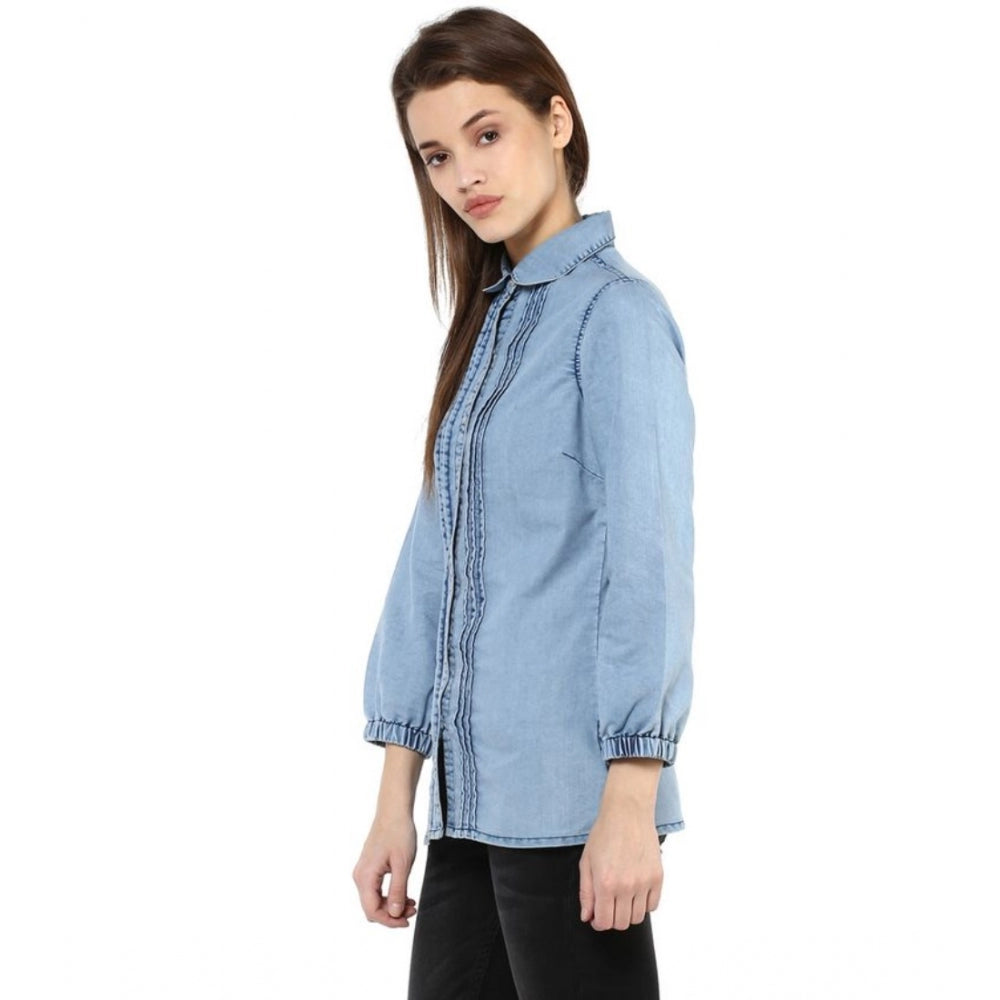 Vaystra Denim Solid 3-4th Sleeves Standard Length Shirt – Blue