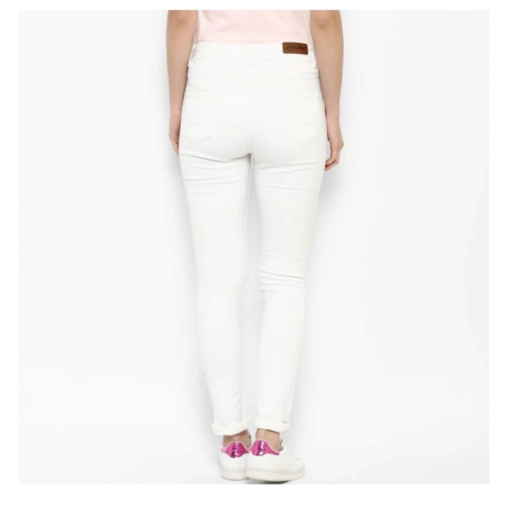 Vaystra Denim Solid Buttoned Jeans – White