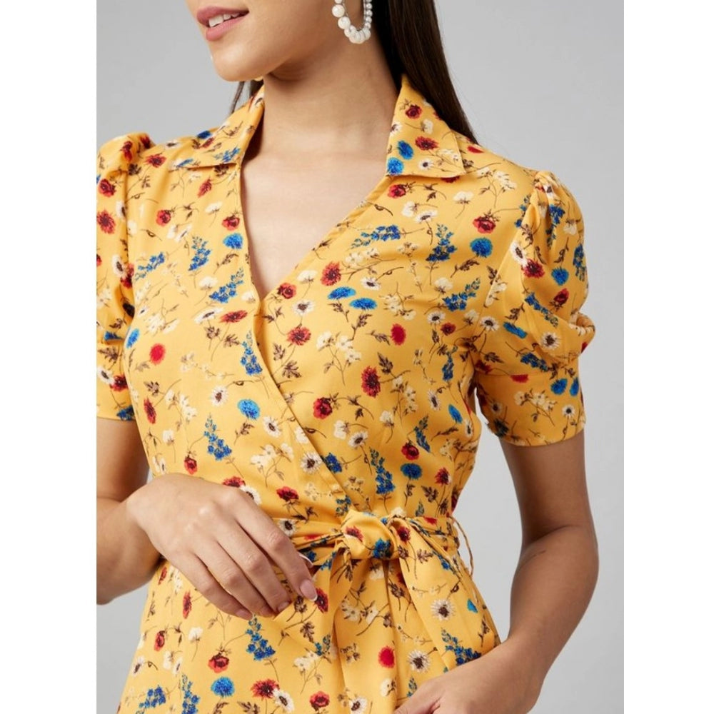 Vaystra Polyester Floral Short Sleeve Above Knee Dress – Yellow