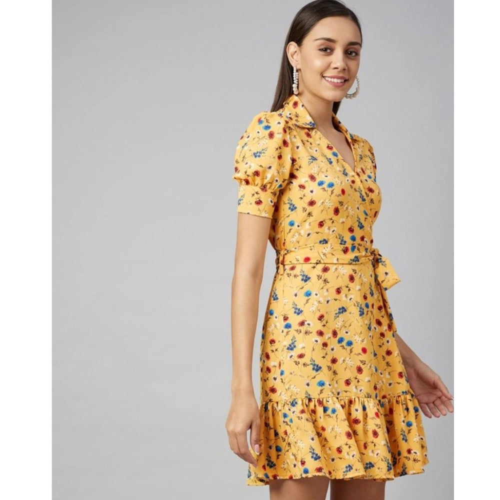Vaystra Polyester Floral Short Sleeve Above Knee Dress – Yellow