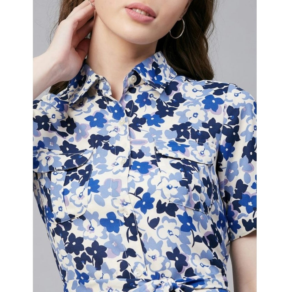 Vaystra Polyester Floral Short Sleeve Above Knee Dress – Blue & White