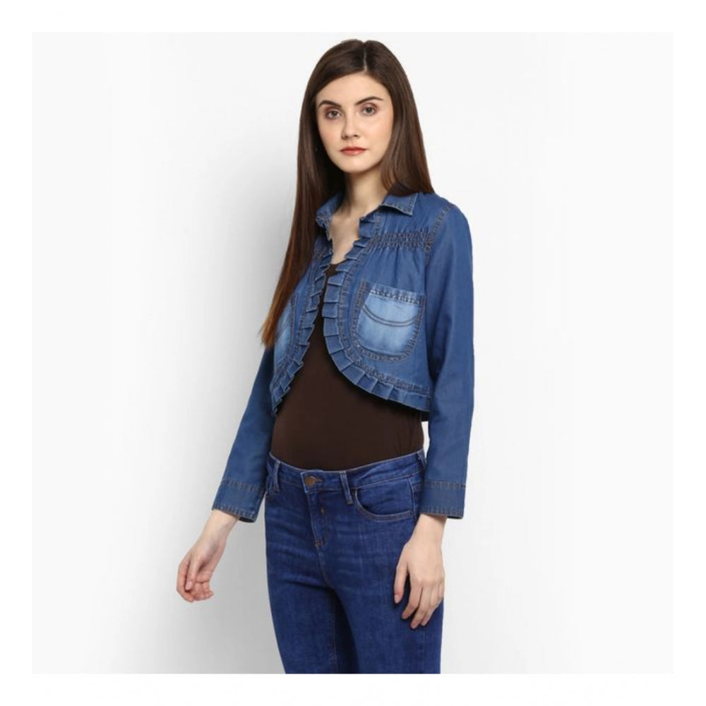 Vaystra Denim Pleated 3-4th Sleeves Shrug – Blue