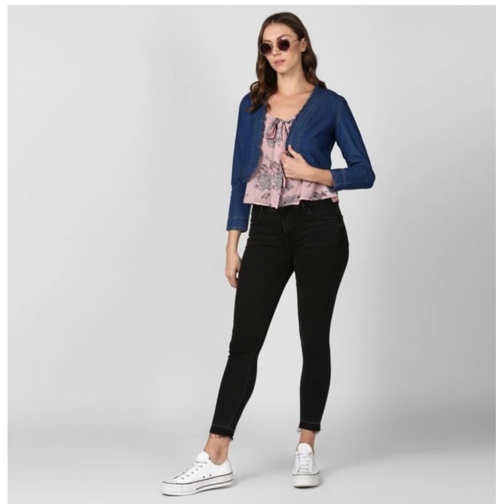 Vaystra Denim Ruffled Long Sleeves Shrug – Navy Blue