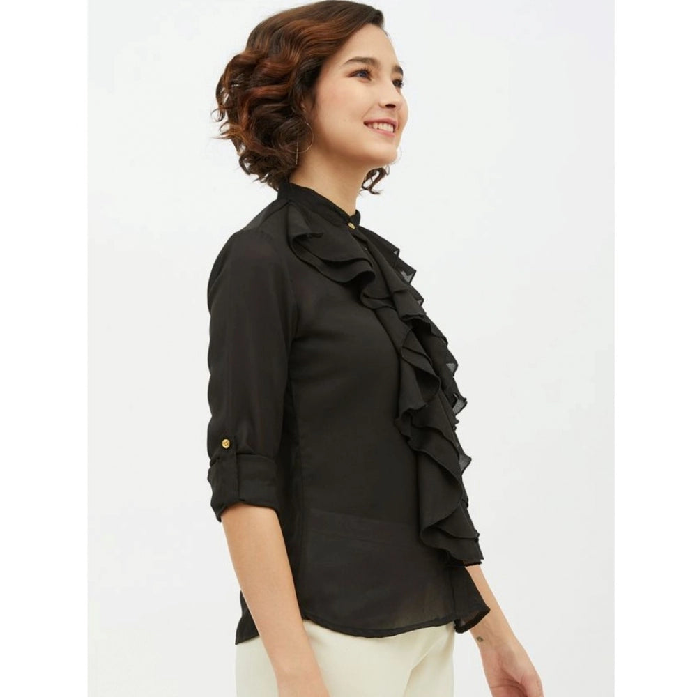 Vaystra Polyester Ruffled Long Sleeves Standard Length Shirt – Black