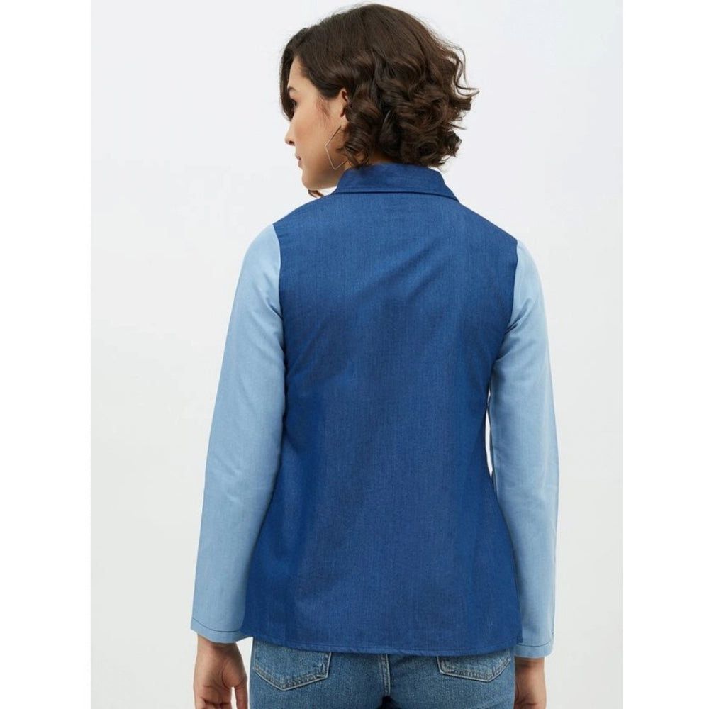 Vaystra Denim Patch Work Long Sleeves Standard Length Shirt – Blue