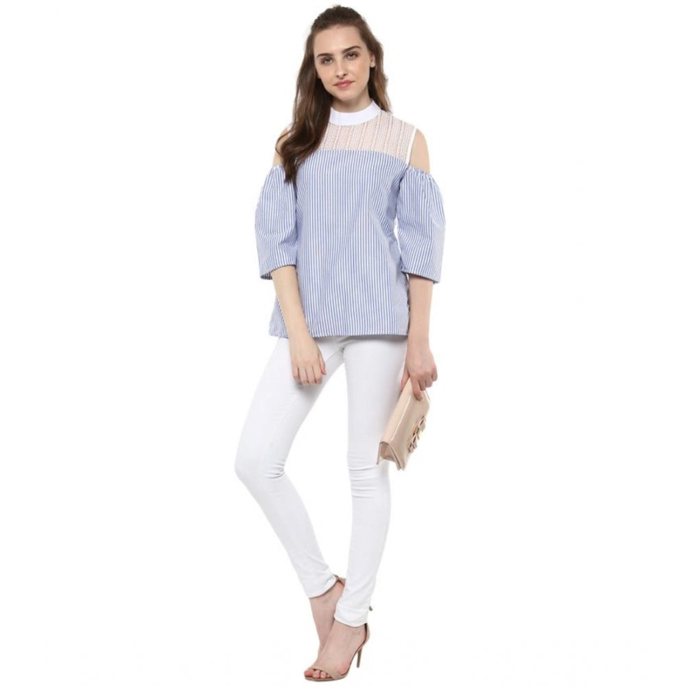 Vaystra Cotton Striped Cold Shoulder Top – Blue