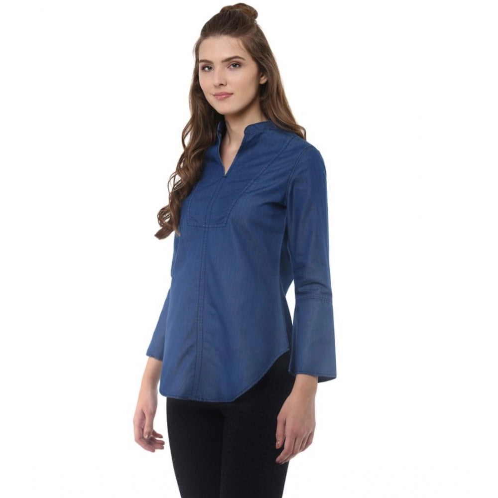Vaystra Denim Solid Bell Sleeve Regular Top – Blue Denim