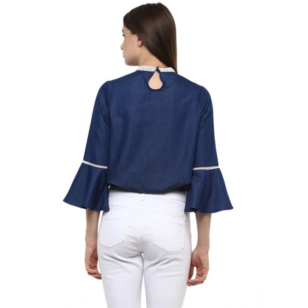 Vaystra Polyester Solid Bell Sleeve Regular Top – Blue