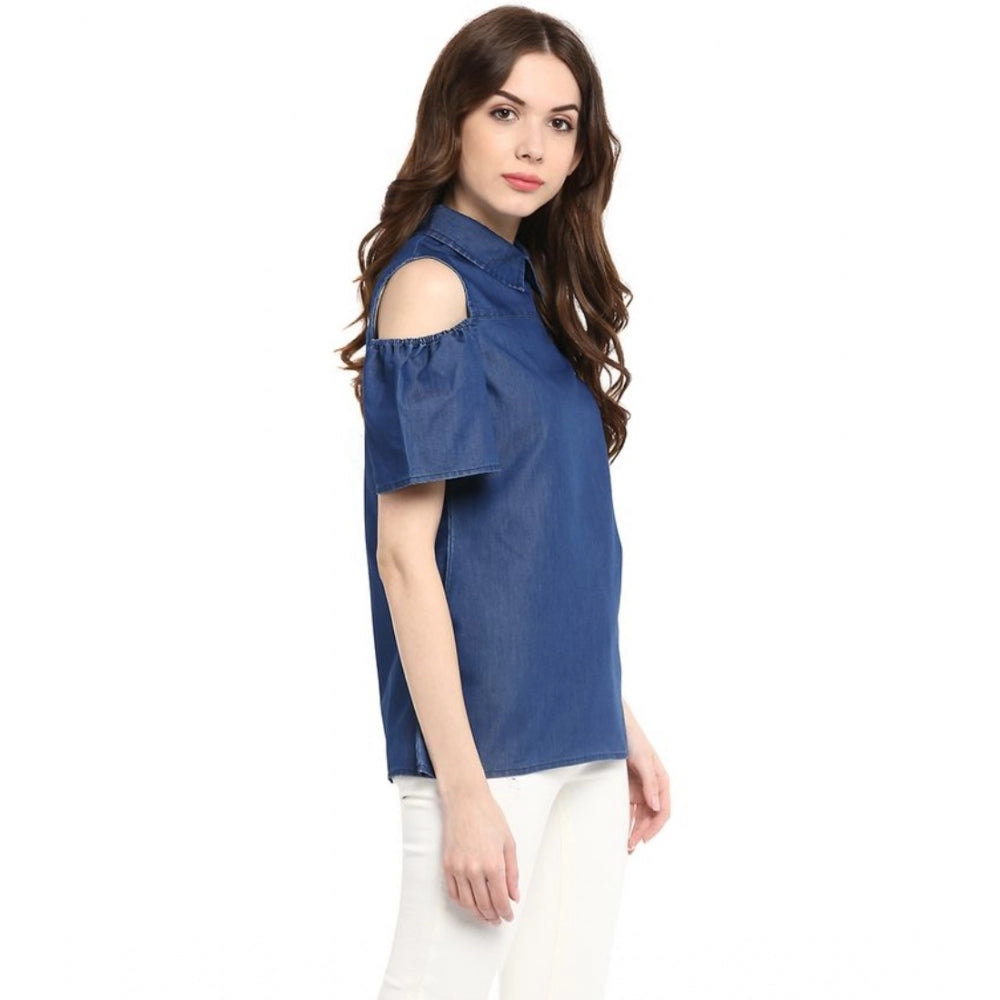 Vaystra Denim Solid Cold Shoulder Regular Top – Blue