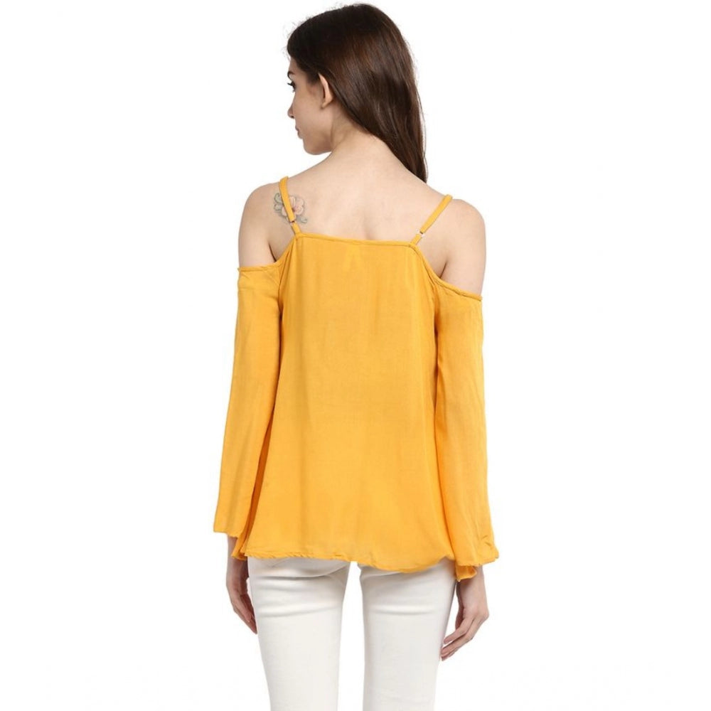 Vaystra Rayon Embellished Cold Shoulder Regular Top – Mustard Yellow