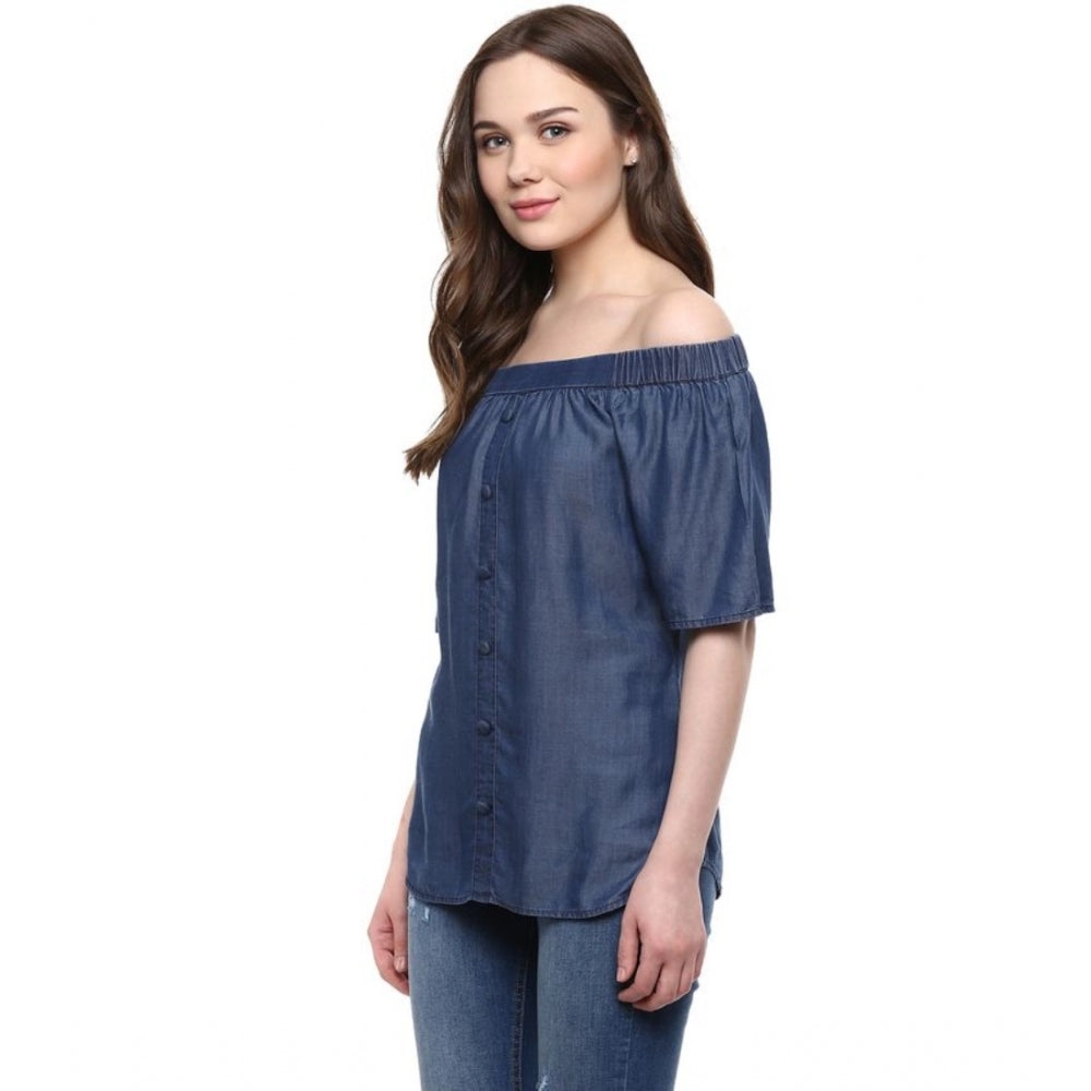 Vaystra Denim Solid Short Sleeve Regular Top – Blue