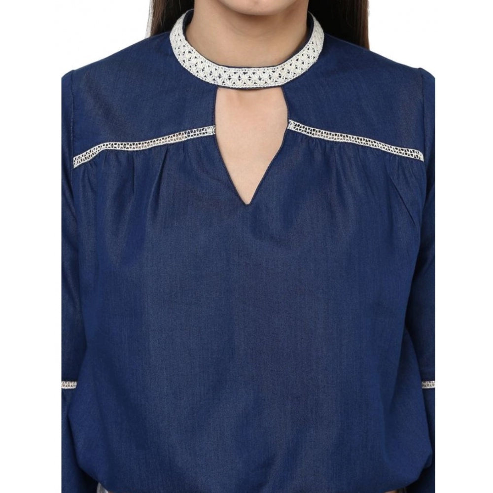 Vaystra Polyester Solid Bell Sleeve Regular Top – Blue