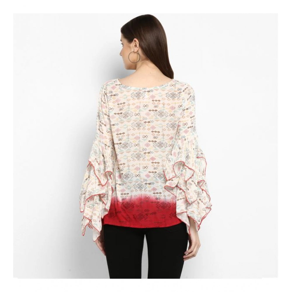 Vaystra Rayon Crepe Printed Ruffle Sleeve Top – Off White & Red