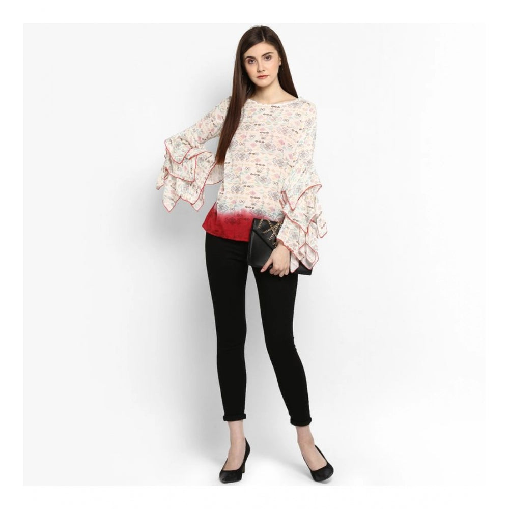 Vaystra Rayon Crepe Printed Ruffle Sleeve Top – Off White & Red