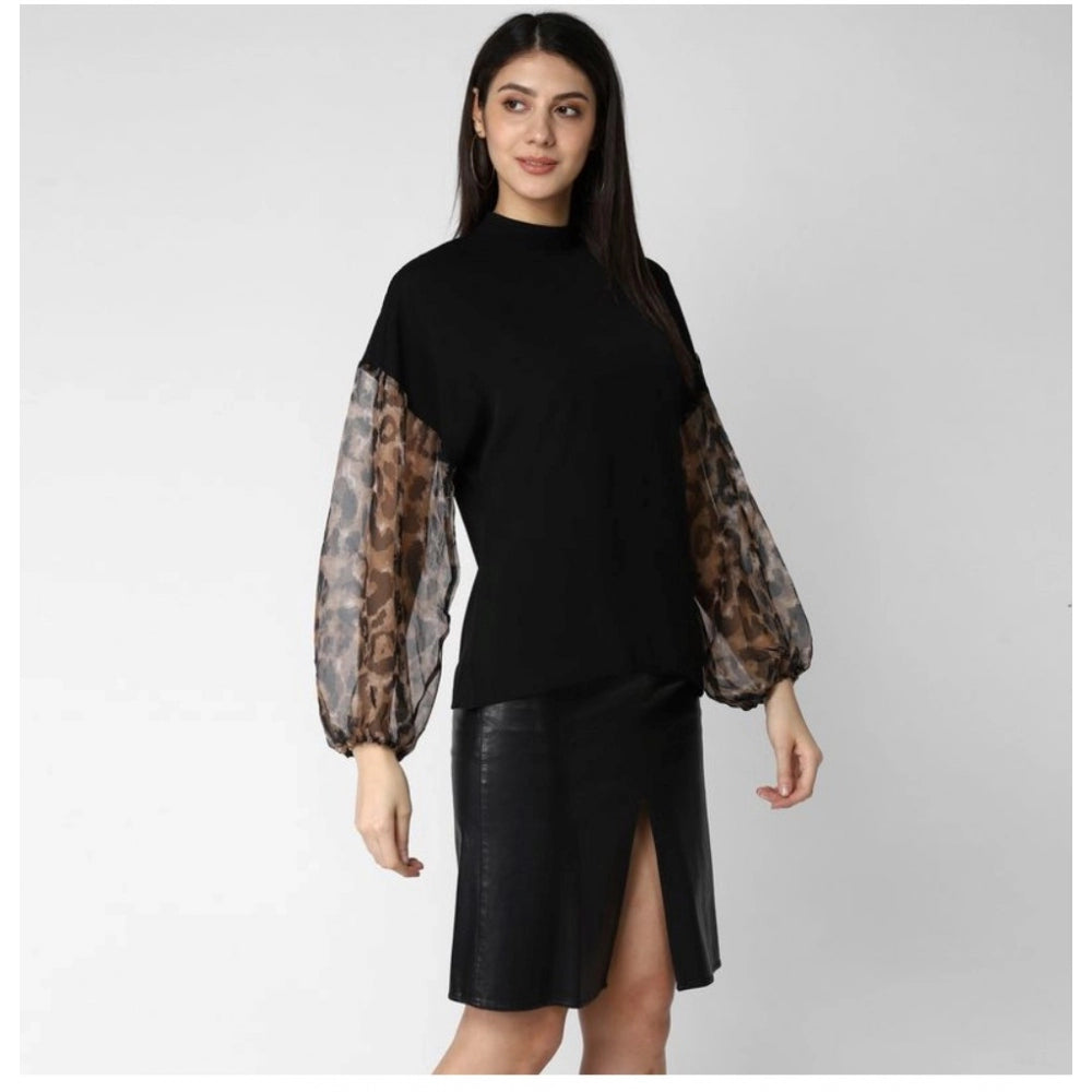 Vaystra Polyester Animal Print Long Sleeves Top – Black