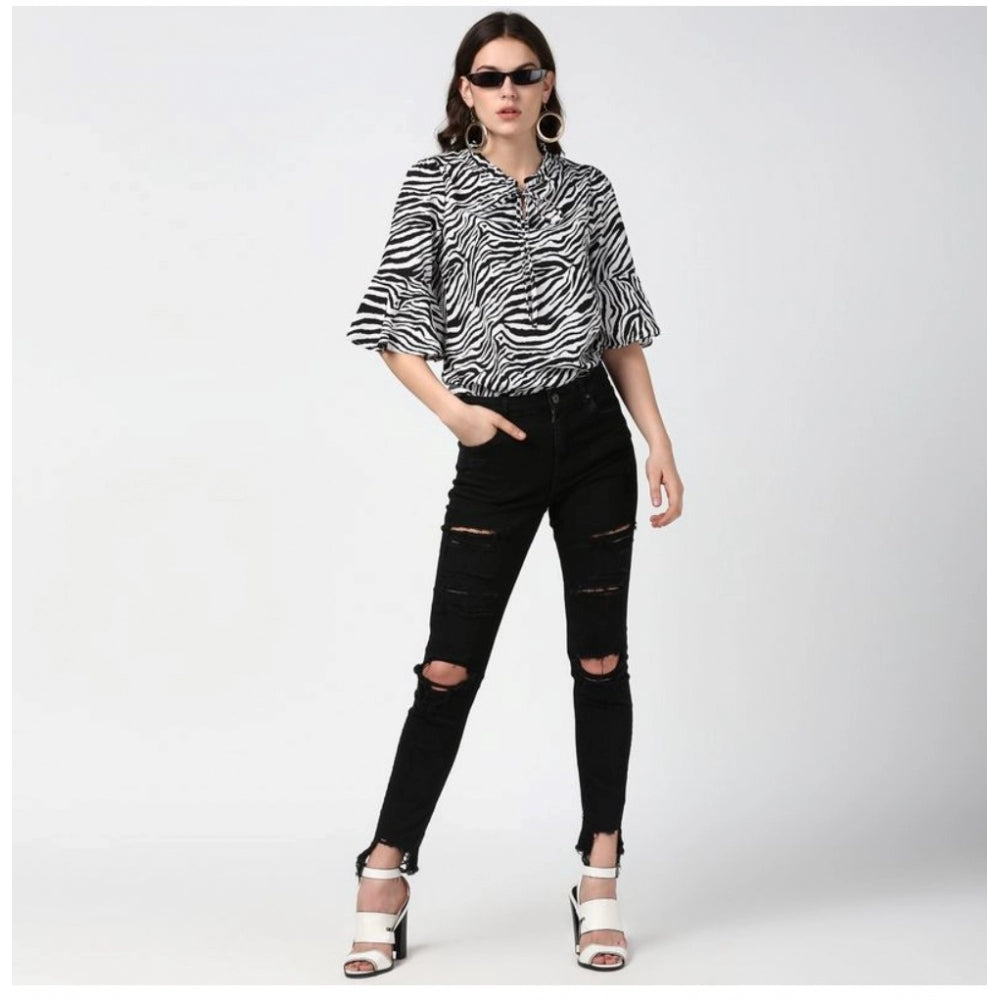 Vaystra Polyester Animal Print Bell Sleeve Top – Black & White