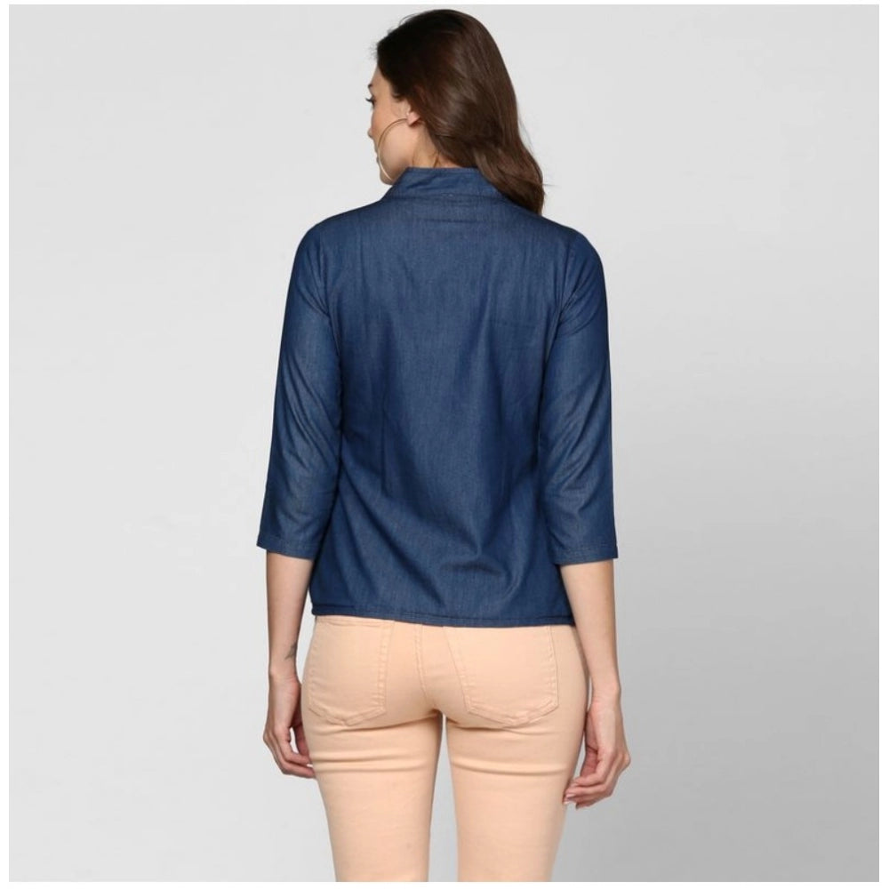 Vaystra Denim Solid 3-4th Sleeves Top – Blue