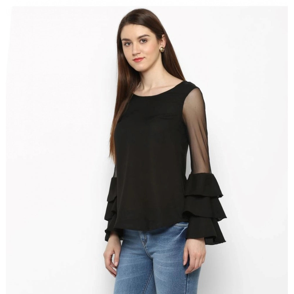 Vaystra Polyester Solid Tier Sleeve Top – Black